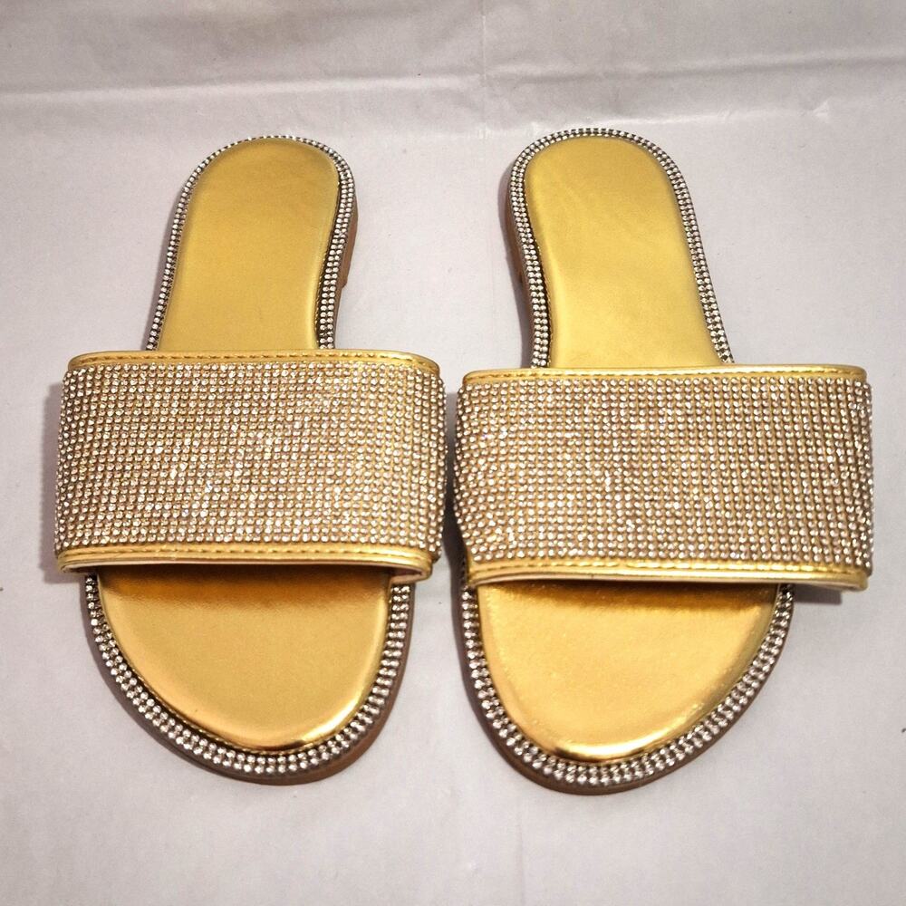 Sz 6 Gorglitter Women's Sparkly Gold Flat Open Toe Slides
